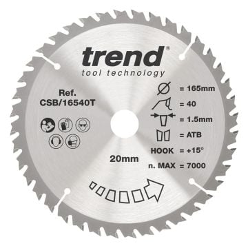 Trend CSB/16540T Wood Cordless Circular Saw Blade 165mm x 20mm x 40T