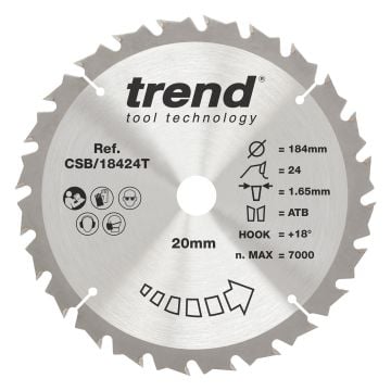 Trend CSB/18424T Wood Cordless Circular Saw Blade 184mm x 20mm x 24T