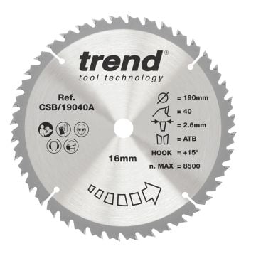 Trend CSB/19040A Wood Circular Saw Blade 190mm x 16mm x 40T