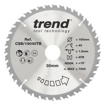 Trend CSB/19040TB Wood Cordless Circular Saw Blade 190mm x 30mm x 40T