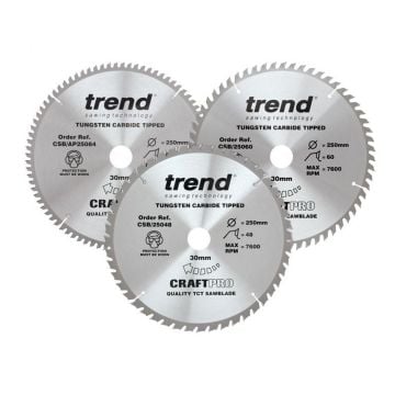 Trend CSB/250/3PK Wood Circular Saw Blade 250mm x 30mm x 48/60/84T Triple Pack x3 Pcs 
