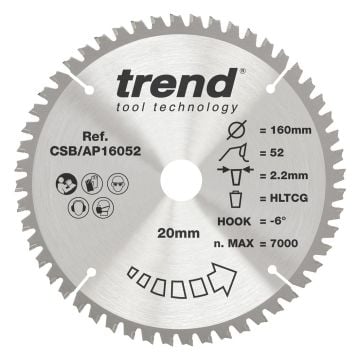 Trend CSB/AP16052 Aluminium/Plastic Circular Saw Blade 160mm x 20mm x 52T