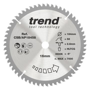 Trend CSB/AP18458 Aluminium/Plastic Circular Saw Blade 184mm x 16mm x 58T