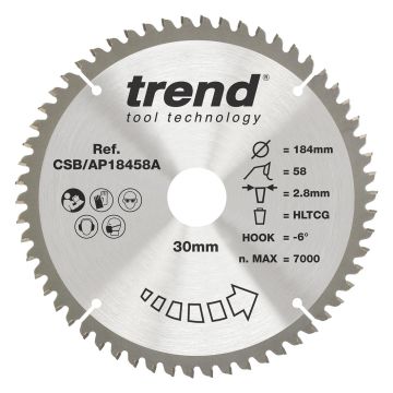 Trend CSB/AP18458A Aluminium/Plastic Circular Saw Blade 184mm x 30mm x 58T