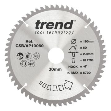 Trend CSB/AP19060 Aluminium/Plastic Circular Saw Blade 190mm x 30mm x 60T