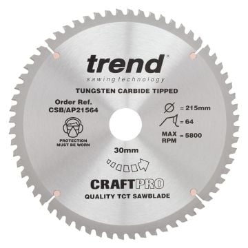 Trend CSB/AP21564 Aluminium/Plastic Circular Saw Blade 215mm x 30mm x 64T