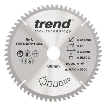 Trend CSB/AP21664 Aluminium/Plastic Circular Saw Blade 216mm x 30mm x 64T