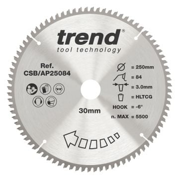 Trend CSB/AP25084 Aluminium/Plastic Circular Saw Blade 250mm x 30mm x 84T
