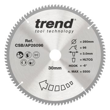 Trend CSB/AP26096 Aluminium/Plastic Circular Saw Blade 260mm x 30mm x 96T