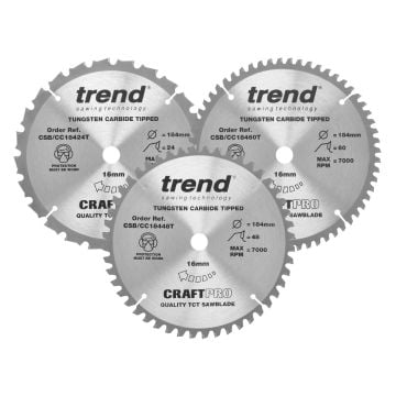 Trend CSB/CC184/3PK Wood Cordless Mitre Saw Blade 184mm x 16mm x 24/48/60T Triple Pack x3 Pcs