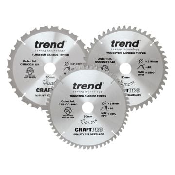Trend CSB/CC216/3PK Wood Mitre Saw Blade 216mm x 30mm x 24/48/60T Triple Pack x3 Pcs