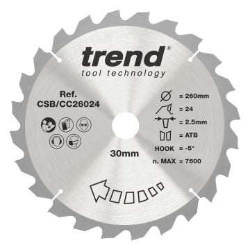 Trend CSB/CC26024 Wood Mitre Saw Blade 260mm x 30mm x 24T