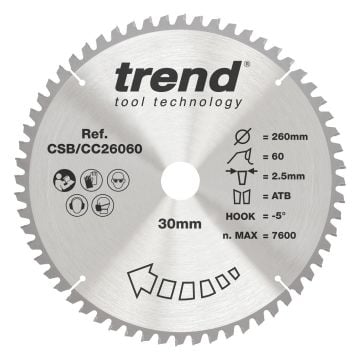 Trend CSB/CC26060 Wood Mitre Saw Blade 260mm x 30mm x 60T