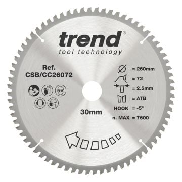 Trend CSB/CC26072 Wood Mitre Saw Blade 260mm x 30mm x 72T