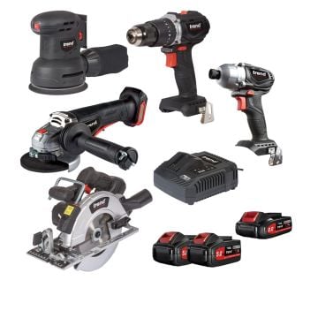 Trend DEAL/T18S/BB 18v TXLI Set Inc Circular Saw, Combi Drill, Impact Driver, Sander & Grinder & 3x Batts