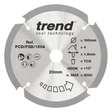 Trend PCD/FSB/1604 PCD Fibre Cement Circular Saw Blade 160mm x 20mm x 4T