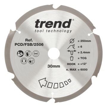 Trend PCD/FSB/2506 PCD Fibre Cement Circular Saw Blade 250mm x 30mm x 6T