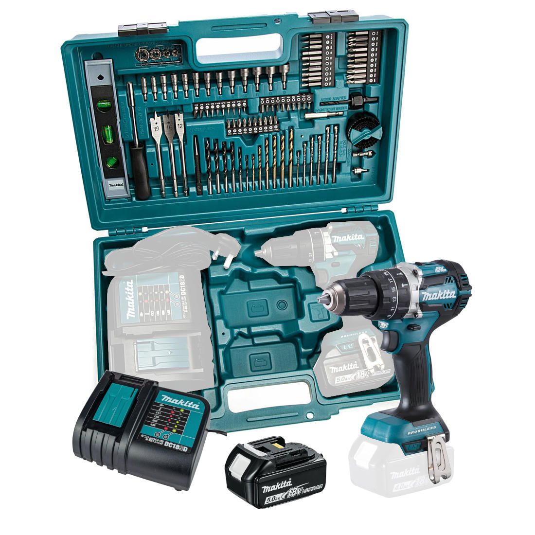Charger & Case Makita DHP484 18v Brushless Combi Drill with 1 x 5Ah Battery 