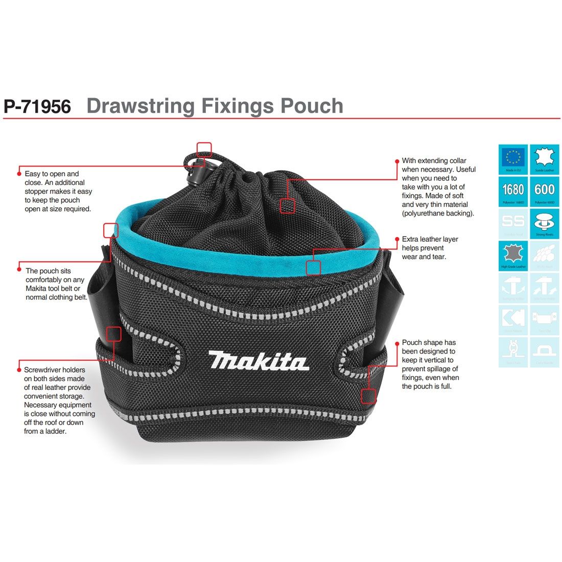 Makita Drawstring Screws Nails & Fixings Pouch Tool Belt P-71956 