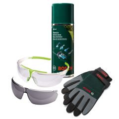 Bosch Green Wood Care Safety Kit inc Gloves, Glasses & Lubricant Spray